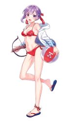Rule 34 | 1girl, anklet, ball, beachball, bikini, blue eyes, blush, bow (weapon), braid, breasts, cleavage, collarbone, crossbow, earrings, french braid, full body, highres, holding, holding ball, holding bow (weapon), holding crossbow, holding weapon, jewelry, leg up, legs, long sleeves, miyao jou, multicolored hair, navel, necklace, off shoulder, official art, open mouth, purple hair, red bikini, sandals, shirohime quest, smile, solo, sweater, swimsuit, transparent background, weapon