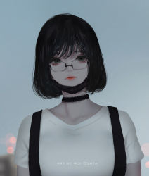 Rule 34 | 1girl, aoi ogata, artist name, black choker, black hair, blurry, blurry background, bob cut, breasts, choker, closed mouth, commentary, depth of field, english commentary, glasses, grey eyes, grey sky, highres, lips, looking at viewer, mask, mask pull, mouth mask, original, red lips, shirt, short hair, short sleeves, sky, small breasts, solo, surgical mask, suspenders, upper body, white shirt