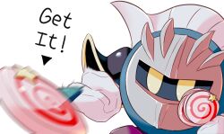 Rule 34 | 1boy, absurdres, armor, blue skin, candy, cape, colored skin, food, highres, holding, holding candy, holding food, holding lollipop, invincible candy, kirby (series), lollipop, male focus, mask, meta knight, motion blur, nintendo, no humans, pauldrons, shibulio, shoulder armor, simple background, throwing, white background, yellow eyes