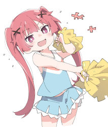 Rule 34 | 1girl, :d, blue skirt, blush, cheerleader, fang, hair ornament, ixy, long hair, looking at viewer, open mouth, pink eyes, pom pom (cheerleading), red hair, simple background, skin fang, skirt, sleeveless, smile, solo, tanemura koyori, twintails, watashi ni tenshi ga maiorita!, white background, x hair ornament