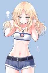 Rule 34 | 1girl, bandeau, blonde hair, blue background, blush, cowboy shot, cutoff jeans, cutoffs, embarrassed, fate/apocrypha, fate (series), green eyes, groin, hair down, hands in hair, long hair, mordred (fate), mordred (fate/apocrypha), mordred (memories at trifas) (fate), mozu (peth), navel, simple background, solo