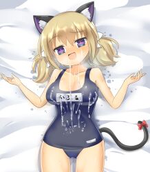 1girl :d animal_ear_fluff animal_ears blonde_hair blush bow breasts cat_ears cat_girl cat_tail cleavage commentary_request covered_navel cowboy_shot cum cum_on_body cum_on_breasts cum_on_clothes cum_on_upper_body facial grey_one-piece_swimsuit highres kafuru_(senran_kagura) large_breasts lets0020 looking_at_viewer low_twintails medium_bangs medium_hair name_tag nose_blush old_school_swimsuit one-piece_swimsuit open_mouth purple_eyes raised_eyebrow red_bow school_swimsuit senran_kagura senran_kagura_estival_versus short_twintails smile solo swimsuit tail tail_bow tail_ornament twintails variant_set