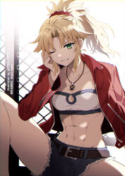 Rule 34 | 1girl, abs, bandeau, belt, black belt, blonde hair, breasts, camisole, chain-link fence, cleavage, commentary request, cutoffs, denim, denim shorts, fate/apocrypha, fate (series), fence, green eyes, grin, hair ornament, hair scrunchie, highres, jacket, long hair, long sleeves, looking at viewer, medium breasts, meiji ken, midriff, mordred (fate), mordred (fate/apocrypha), navel, one eye closed, open clothes, open jacket, ponytail, red jacket, red scrunchie, scrunchie, short shorts, shorts, sidelocks, smile, solo, stomach, thighs