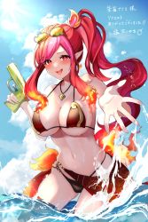 Rule 34 | 1girl, :d, bikini, commission, fire, hair ornament, highres, navel, open mouth, original, outdoors, outstretched hand, pointy ears, ponytail, red eyes, red hair, skeb commission, smile, solo, splashing, swimsuit, tako 8 yaki, thighs, virtual youtuber, water gun