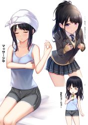 Rule 34 | 1girl, absurdres, black hair, closed eyes, commentary request, dolphin shorts, drink, drinking, highres, idolmaster, idolmaster shiny colors, kazano hiori, long hair, miyar2d2, mole, mole under mouth, ponytail, purple eyes, school uniform, shorts, skirt, tank top, towel, towel on head, translation request, white background