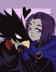 Rule 34 | 10s, 1boy, 1girl, alex cook, animal head, boku no hero academia, cape, colored skin, crossover, dc comics, feathers, forehead jewel, grey skin, highres, leotard, power connection, purple eyes, purple hair, raven (dc), red eyes, short hair, teen titans, tokoyami fumikage