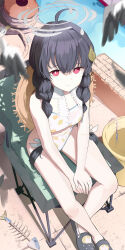 Rule 34 | 1girl, absurdres, ahoge, bare legs, bikini, bird, black hair, blue archive, braid, crocs, fish bone, halo, highres, looking up, miyu (blue archive), miyu (swimsuit) (blue archive), official alternate costume, on chair, outdoors, own hands together, red eyes, revision, ryeon (bluetom1), seagull, sitting, solo, swimsuit, tears, twin braids, white bikini