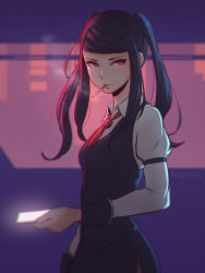 Rule 34 | 1girl, artist name, black hair, breasts, cigarette, closed mouth, collared shirt, from side, holding, jill stingray, koyorin, long hair, long sleeves, looking at viewer, loose necktie, medium breasts, mouth hold, necktie, pencil skirt, puffy sleeves, red eyes, red necktie, scanlines, shirt, side slit, sidelocks, skirt, smoke, smoking, solo, tsurime, twintails, va-11 hall-a, white shirt, wing collar
