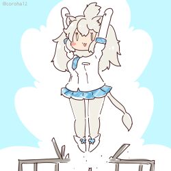 Rule 34 | 1girl, animal ears, arms up, blue background, coroha, elbow gloves, extra ears, full body, gloves, grey hair, jacket, jumping, kemono friends, lion ears, lion girl, lion tail, long hair, looking at viewer, necktie, pantyhose, scarf, shoes, simple background, skirt, solo, tail, white lion (kemono friends)