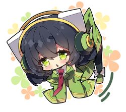 Rule 34 | 1girl, :&lt;, black hair, black thighhighs, blush, boots, breasts, chibi, collared shirt, commentary request, detached sleeves, floral background, full body, green eyes, green footwear, green jacket, green skirt, green sleeves, hair between eyes, hanging, headphones, highres, jacket, kyoumachi seika, large breasts, long sleeves, milkpanda, motion lines, necktie, parted lips, red necktie, shirt, simple background, skirt, sleeveless, sleeveless jacket, sleeves past fingers, sleeves past wrists, solo, thighhighs, thighhighs under boots, triangle mouth, voiceroid, white background, white shirt