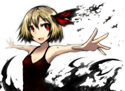 Rule 34 | 1girl, alternate costume, armpits, bad id, bad pixiv id, blonde hair, camisole, dress, embodiment of scarlet devil, female focus, flat chest, foreshortening, gia, hair ribbon, open mouth, outstretched arms, outstretched hand, red eyes, ribbon, rumia, short hair, smile, solo, spread arms, touhou