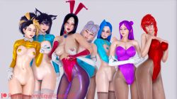 Rule 34 | ahri (league of legends), akali, animal ears, ass, breasts, equilibrium3d, evelynn (league of legends), fake animal ears, highres, huge ass, huge breasts, irelia, jinx (league of legends), kai&#039;sa, league of legends, leotard, maebari, pasties, playboy bunny, rabbit ears, thighhighs, vi (league of legends), wet, wet clothes, wet hair