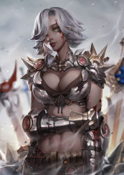 Rule 34 | 1girl, absurdres, armor, belt, bikini armor, blood, blood on arm, blood on face, blurry, blurry background, breasts, brown belt, cleavage, commentary, cross, field of blades, gauntlets, green eyes, hair over one eye, highres, large breasts, looking to the side, ragnarok online, rune knight (ragnarok online), short hair, solo, spiked pauldrons, sword, tollrin-senpai, upper body, weapon, white hair