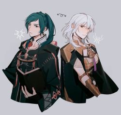 Rule 34 | 2girls, alternate color, armor, black cape, black robe, blue eyes, blue hair, book, brown eyes, byleth (female) (fire emblem), byleth (fire emblem), cape, closed mouth, color switch, commentary, cropped torso, english commentary, fire emblem, fire emblem: three houses, fire emblem awakening, grey background, hair between eyes, highres, holding, holding book, hood, hood down, hooded robe, long hair, looking at viewer, multiple girls, nintendo, open book, oratoza, robe, robin (female) (fire emblem), robin (fire emblem), serious, simple background, trait connection, twintails, white hair, wide sleeves