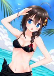 Rule 34 | 1girl, :o, ahoge, arm up, armpits, bad id, bad pixiv id, bare arms, bare shoulders, bikini, black bikini, black hair, blue eyes, blush, braid, breasts, cleavage, collarbone, commentary request, day, hair flaps, hair over shoulder, hair ribbon, head tilt, hoshino kagari, kantai collection, long hair, looking at viewer, navel, ocean, open mouth, outdoors, red ribbon, ribbon, sarong, shigure (kancolle), shigure kai ni (kancolle), single braid, small breasts, solo, star (symbol), swimsuit, twitter username, wristband