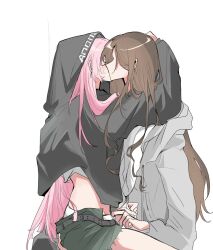 2girls 4711_(xx) bang_dream! bang_dream!_it&#039;s_mygo!!!!! belt black_belt black_hoodie blush brown_hair chihaya_anon commentary earrings green_shorts grey_hoodie hashtag-only_commentary highres hood hood_up hoodie jewelry kiss long_hair long_sleeves multiple_girls nagasaki_soyo panties pink_hair shorts sidelocks sweatdrop underwear undressing_another white_panties yuri