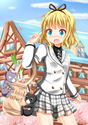 Rule 34 | 1girl, :o, anko (gochiusa), bag, balcony, bird, black ribbon, black shirt, blazer, blonde hair, blue eyes, blush, breast pocket, breasts, building, buttons, cherry blossoms, cloud, cloudy sky, collared shirt, commentary request, cowboy shot, crown, curtains, day, double-breasted, flying sweatdrops, food, gochuumon wa usagi desu ka?, hair ribbon, hand up, highres, jacket, kirima syaro, long sleeves, looking down, looking to the side, meat, necktie, nose blush, open mouth, outdoors, packet, petals, plaid, plaid necktie, plaid neckwear, plaid skirt, plant, pleated skirt, pocket, potted plant, rabbit, ribbon, scar, scar across eye, scar on face, school uniform, sherlock shellingford, shiny skin, shirt, short hair, skirt, sky, small breasts, spring onion, tears, wavy hair, wild geese, window, window shutter, xenon (for achieve)