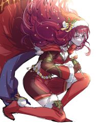 Rule 34 | 1girl, absurdres, blue cape, bodysuit, cape, facial mark, fire emblem, fire emblem engage, fire emblem heroes, hair ornament, hat, highres, holding, holding sack, holly, ice pick, mistletoe hair ornament, multicolored cape, multicolored clothes, nintendo, official alternate costume, red bodysuit, red cape, red eyes, red footwear, red hair, sack, santa hat, solo, star (symbol), star facial mark, star hair ornament, star print, two-tone cape, umi ( oneinchswing), yunaka (fire emblem), yunaka (fire emblem) (spirited envoy)