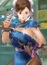 Rule 34 | 1girl, blue dress, bracelet, breasts, brown eyes, brown hair, bun cover, capcom, china dress, chinese clothes, chun-li, double bun, dress, female focus, fighting stance, ho den keiji, jewelry, large breasts, open mouth, pantyhose, puffy short sleeves, puffy sleeves, ripping, sash, short hair, short sleeves, solo, spiked bracelet, spikes, street fighter, surprised, torn clothes