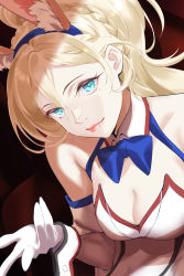 Rule 34 | alternate costume, alternate hairstyle, animal ears, blonde hair, blue eyes, bow, bowtie, braid, covered navel, cowboy shot, detached collar, fake animal ears, french braid, hair between eyes, highres, horse girl, kantai collection, leotard, lips, long hair, looking at viewer, mole, mole under eye, mole under mouth, playboy bunny, rabbit ears, richelieu (kancolle), shingyou (alexander-13), smile, strapless, strapless leotard, traditional bowtie, white leotard, wrist cuffs