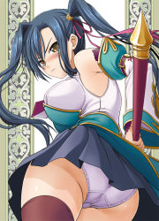 Rule 34 | 00s, 1girl, armpits, ass, bare shoulders, black thighhighs, blush, breasts, kan&#039;u (koihime musou), koihime musou, large breasts, looking at viewer, looking back, panties, skirt, soba (saz), solo, standing, thighhighs, twintails, underwear, white panties