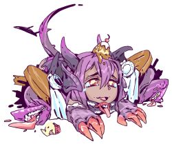 Rule 34 | 1girl, animal ears, animal hands, bad link, broken, cherry, chibi, claws, crying, cup, cupcake, dragon horns, dragon tail, dragon wings, extra tongue, failure, fins, food, food on head, fruit, head fins, horns, ice cream, jabberwock (monster girl encyclopedia), lying, monster girl, monster girl encyclopedia, object on head, on stomach, open mouth, purple hair, ramenwarwok, red eyes, second-party source, snack, solo, table, tail, teacup, tears, tentacles, transparent background, tray, wings, yellow pupils
