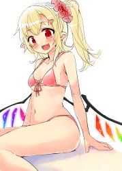 Rule 34 | 1girl, :d, bikini, breasts, collarbone, commentary request, crystal, diagonal-striped bikini, diagonal-striped clothes, flandre scarlet, hair ornament, hair scrunchie, hairclip, harry (namayake), highres, long hair, looking at viewer, navel, open mouth, pointy ears, red bikini, red eyes, red scrunchie, scrunchie, sidelocks, simple background, sitting, small breasts, smile, solo, string bikini, striped bikini, striped clothes, swimsuit, thighs, touhou, white background, wings