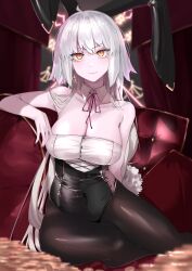 Rule 34 | 1girl, aegyo sal, ahoge, alternate costume, animal ears, bare shoulders, black leotard, black pantyhose, blurry, blurry background, blurry foreground, breasts, cleavage, collarbone, detached collar, fake animal ears, fate/grand order, fate (series), grey hair, hand up, highres, jeanne d&#039;arc alter (fate), large breasts, leotard, long hair, looking at viewer, neck ribbon, orange hair, pantyhose, playboy bunny, rabbit ears, red nails, red ribbon, ri o ne su, ribbon, sitting, slit pupils, solo, very long hair