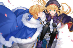Rule 34 | 2girls, ahoge, arlizi, armor, armored dress, artoria caster (fate), artoria caster (second ascension) (fate), artoria pendragon (all), artoria pendragon (fate), black gloves, black pantyhose, blonde hair, blurry, braid, braided bun, cape, capelet, carrying, crown braid, dual persona, fate/grand order, fate (series), fur-trimmed cape, fur trim, gloves, green eyes, hair between eyes, hair bun, hair ribbon, leggings, long hair, long sleeves, multiple girls, open mouth, pantyhose, petals, princess carry, ribbon, saber (fate), simple background, smile, sweat, twintails, white background, wind, wind lift