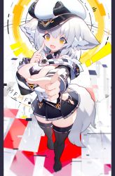 Rule 34 | 1girl, absurdres, animal ear fluff, animal ears, black skirt, black thighhighs, bow, breasts, collar, detached sleeves, fang, finger to cheek, grey hair, hat, highres, hip vent, large breasts, mamuru, medium hair, necktie, open mouth, original, outstretched arm, panties, peaked cap, pleated skirt, pointing, pointing at viewer, skin fang, skirt, smile, solo, standing, strapless, tail, thighhighs, underwear, wing collar, yellow eyes