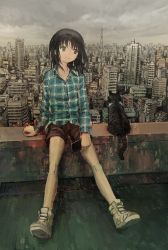 Rule 34 | 1girl, bare legs, black hair, brown eyes, cat, cityscape, cloud, cloudy sky, collared shirt, commentary, day, flannel, highres, holding, holding phone, long hair, long sleeves, original, outdoors, overcast, phone, rooftop, shirt, shoes, shorts, sitting, sky, smile, sneakers, tokunaga akimasa, untucked shirt