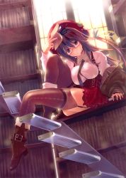 Rule 34 | 1girl, absurdres, black thighhighs, book, breasts, brown eyes, brown hair, day, garter straps, glasses, hat, head tilt, highres, huge filesize, indoors, large breasts, legs, library, light, looking at viewer, miwa yoshikazu, necktie, red-framed eyewear, shirt, sitting, skin tight, skindentation, skirt, solo, stairs, sunlight, taut clothes, taut shirt, thighhighs, window