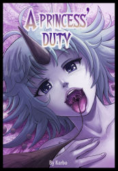 Rule 34 | 1girl, antenna hair, artist name, colored skin, demon girl, eyelashes, giant, giantess, hand on own chest, highres, horns, karbo, lips, looking at viewer, open mouth, original, purple eyes, purple hair, purple skin, ringed eyes, rope, short hair, single horn, solo, tongue, tongue out, uvula, vore