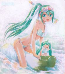 Rule 34 | 2girls, artist name, bikini, chibi, diving mask, diving mask on head, goggles, goggles on head, green eyes, green hair, hair ribbon, hatsune miku, long hair, mayo riyo, multiple girls, navel, open mouth, outstretched arms, ponytail, ribbon, side-tie bikini bottom, snorkel, spread arms, spring onion, straddling, striped bikini, striped clothes, surfing, swimsuit, traditional media, twintails, very long hair, vocaloid, water
