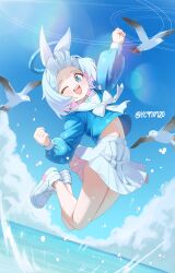 Rule 34 | 1girl, absurdres, animal, arona (blue archive), ass, bird, blue archive, blue eyes, blue hair, blue halo, blush, braid, choker, full body, halo, highres, looking at viewer, navel, one eye closed, open mouth, pleated skirt, round teeth, sailor collar, shoes, short hair, single braid, skirt, smile, solo, syc2159, teeth, twitter username, upper teeth only, white choker, white footwear, white sailor collar, white skirt