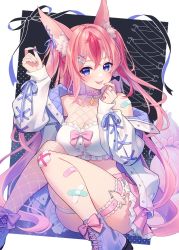 Rule 34 | 1girl, animal ear fluff, animal ears, baffu, bandaid, bare shoulders, blue eyes, bow, breasts, cleavage, copyright request, crossed bangs, fishnet thighhighs, fishnets, fox ears, fox tail, hair between eyes, hanayono menora, high tops, highres, indie virtual youtuber, jacket, jewelry, large breasts, long hair, long sleeves, looking at viewer, midriff, multicolored hair, pink hair, ring, shoes, smile, sneakers, streaked hair, tail, thigh strap, thighhighs, tongue, tongue out, virtual youtuber