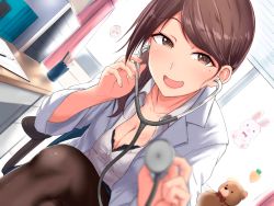 Rule 34 | 1girl, :d, aoi tiduru, black bra, blurry, bra, breasts, brown eyes, brown hair, brown pantyhose, carrot, chizurusou (tiduru 39), cleavage, coat, crossed legs, depth of field, desk, doctor, downblouse, dutch angle, female focus, fingernails, hair over shoulder, indoors, lab coat, large breasts, leaning forward, looking at viewer, mole, mole under eye, open mouth, pantyhose, ponytail, pov, rabbit, shirt, sitting, smile, solo, stethoscope, stuffed animal, stuffed toy, swept bangs, teddy bear, underwear, white coat