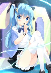 Rule 34 | 1girl, anniversary, black bow, black footwear, black skirt, blue hair, blush, bow, hair between eyes, hair bow, hair ornament, hand up, legs together, loafers, long hair, looking at viewer, md5 mismatch, mimura zaja, parted lips, pixiv, pixiv-tan, resolution mismatch, shoes, sidelocks, sitting, skirt, solo, source smaller, thighhighs, thighs, two side up, watch, white thighhighs, wristwatch