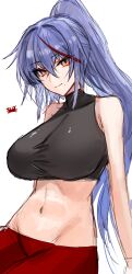 Rule 34 | 1girl, akafuyu (arknights), arknights, black shirt, blue hair, breasts, commentary request, covered collarbone, crab, crop top, crossed bangs, groin, hair between eyes, halterneck, highres, horn/wood, large breasts, long hair, looking at viewer, messy hair, midriff, mole, mole under mouth, multicolored hair, navel, orange eyes, pants, ponytail, red pants, shirt, solo, stomach, streaked hair, turtleneck, upper body, very long hair, white background