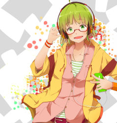 Rule 34 | 1girl, alternate costume, bad id, bad pixiv id, bespectacled, casual, contemporary, fashion, female focus, glasses, green eyes, green hair, gumi, headphones, matching hair/eyes, pun2, short hair, smile, solo, vocaloid