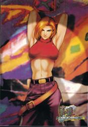 Rule 34 | 1girl, ;), andy seto, armpits, belt, blonde hair, blue eyes, blue mary, detective, fatal fury, highres, midriff, official art, one eye closed, pants, smile, snk, solo, tank top, the king of fighters, toned