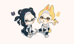 Rule 34 | 2boys, animal ears, bear ears, black eyes, black hair, blonde hair, blush, chibi, chibi only, commentary request, highres, inkling, inkling boy, inkling player character, jinkoika, kemonomimi mode, looking at viewer, looking up, male focus, medium hair, multiple boys, nintendo, open mouth, rabbit ears, short ponytail, simple background, sitting, splatoon (series), tentacle hair, v-shaped eyebrows, white background, yellow eyes