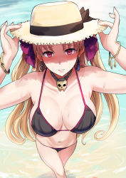 Rule 34 | 1girl, arms up, bad id, bad tumblr id, beach, bikini, black bikini, blonde hair, blush, bow, bracelet, breasts, cleavage, crossed legs, day, earrings, ereshkigal (fate), fate/grand order, fate (series), foreshortening, from above, hair bow, hands on headwear, hat, hat ribbon, jewelry, large breasts, long hair, looking at viewer, miyamoto issa, navel, necklace, outdoors, parted lips, pink eyes, ribbon, skull necklace, smile, solo, string bikini, sun hat, sweat, swimsuit, tohsaka rin, two side up