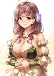 Rule 34 | 1girl, ahoge, bare shoulders, bikini, black bikini, bracer, breasts, brown eyes, brown hair, cleavage, closed mouth, collarbone, commentary request, dated, detached sleeves, dress, fingernails, flower, flower on head, gem, gradient background, hair between eyes, hair ornament, hair over shoulder, hairband, interlocked fingers, jewelry, large breasts, lioreo, long hair, looking at viewer, necklace, original, own hands together, persephone (lioreo), purple flower, shiny skin, signature, smile, solo, swept bangs, swimsuit, upper body, white background, white dress, yellow background