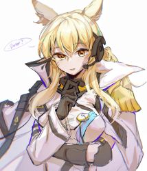 Rule 34 | 1girl, anehana, animal ear fluff, animal ears, arknights, blonde hair, breasts, brown eyes, character name, closed mouth, commentary, headset, highres, horse ears, horse girl, jacket, long hair, looking at viewer, medium breasts, nearl (arknights), nearl the radiant knight (arknights), official alternate costume, ponytail, simple background, solo, speech bubble, upper body, white jacket