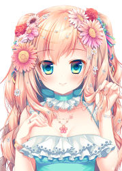 Rule 34 | 1girl, aqua dress, aqua eyes, bangle, bare arms, blonde hair, blush, bracelet, breasts, choker, cleavage, collar, collarbone, daisy, dress, eyebrows, fingernails, flower, frilled collar, frilled dress, frills, hair flower, hair ornament, hair over one eye, hair ribbon, hand on own chest, jewelry, long fingernails, long hair, looking at viewer, mizuki yuuma, necklace, original, playing with own hair, ribbon, ring, simple background, sleeveless, sleeveless dress, small breasts, smile, solo, two side up, upper body, white background