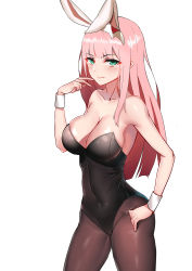 Rule 34 | 10s, 1girl, absurdres, animal ears, black leotard, black pantyhose, breasts, cleavage, cowboy shot, darling in the franxx, eyeshadow, fake animal ears, green eyes, hand on own hip, highres, large breasts, leotard, looking at viewer, makeup, pantyhose, pink hair, playboy bunny, rabbit ears, rabbit girl, simple background, solo, straight hair, strapless, strapless leotard, tucao xiansen, white background, wrist cuffs, zero two (darling in the franxx)