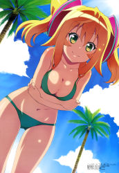 Rule 34 | 10s, 1girl, absurdres, bikini, blonde hair, breasts, brown hair, cleavage, cloud, day, green eyes, hacka doll, hacka doll 1, hariba yuko, highres, leaning forward, medium breasts, megami magazine, non-web source, official art, palm tree, sky, smile, solo, swimsuit, tree, twintails