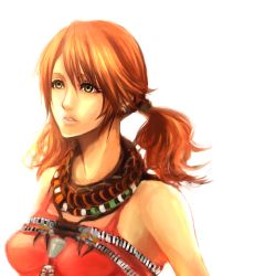 Rule 34 | 10s, 1girl, bad id, bad pixiv id, bare shoulders, beads, breasts, curly hair, earrings, female focus, final fantasy, final fantasy xiii, green eyes, jewelry, lips, necklace, oerba dia vanille, orange hair, red hair, sasaki ryou, short hair, short twintails, simple background, solo, twintails, white background