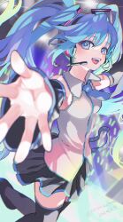 Rule 34 | 1girl, amezawa koma, blue eyes, boots, breasts, detached sleeves, floating hair, foreshortening, glowstick, grey shirt, hatsune miku, headset, highres, long hair, miku day, miniskirt, necktie, open mouth, reaching, reaching towards viewer, shirt, skirt, small breasts, smile, solo, stage lights, thigh boots, thighhighs, twintails, very long hair, vocaloid, zettai ryouiki